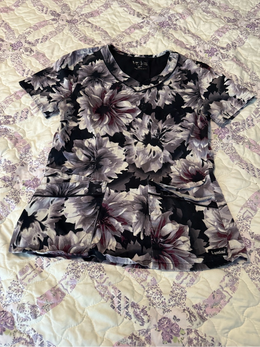 Landau Women’s Purple Floral Print Scrub Top